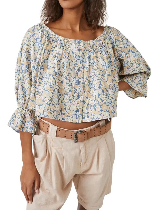 Free People Tops - Free People Cropped Floral Peasant Top in Blue and Cream